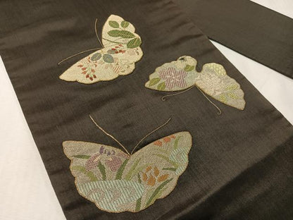 平和屋着物●アンティーク　大正ロマン　九寸名古屋帯　絽刺し　区限刺繍　総刺繍　舞蝶文　黒地　金銀糸　正絹　逸品　CABJ7413vp