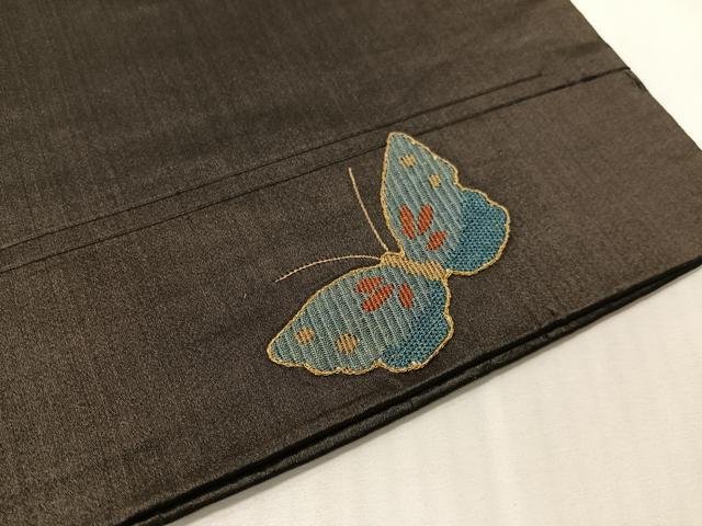 平和屋着物●アンティーク　大正ロマン　九寸名古屋帯　絽刺し　区限刺繍　総刺繍　舞蝶文　黒地　金銀糸　正絹　逸品　CABJ7413vp