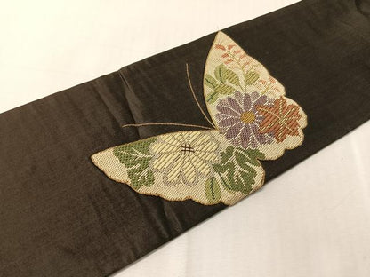 平和屋着物●アンティーク　大正ロマン　九寸名古屋帯　絽刺し　区限刺繍　総刺繍　舞蝶文　黒地　金銀糸　正絹　逸品　CABJ7413vp