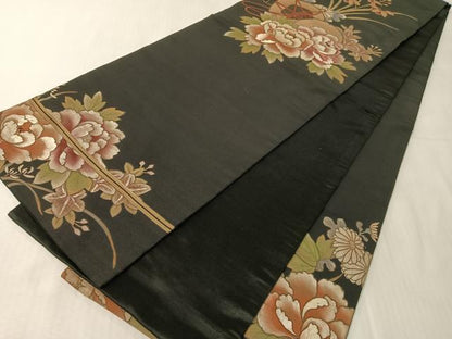 平和屋着物●アンティーク　大正ロマン　六通柄京袋帯　刺繍　花鼓文　黒地　正絹　逸品　CABJ7415vp