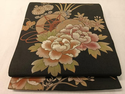 平和屋着物●アンティーク　大正ロマン　六通柄京袋帯　刺繍　花鼓文　黒地　正絹　逸品　CABJ7415vp