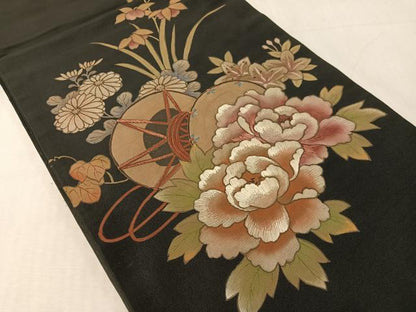 平和屋着物●アンティーク　大正ロマン　六通柄京袋帯　刺繍　花鼓文　黒地　正絹　逸品　CABJ7415vp