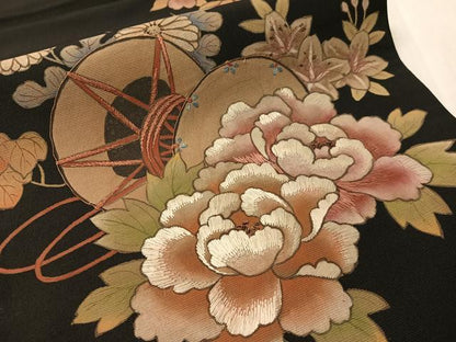 平和屋着物●アンティーク　大正ロマン　六通柄京袋帯　刺繍　花鼓文　黒地　正絹　逸品　CABJ7415vp