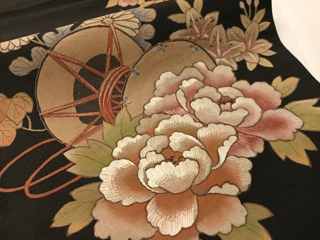 平和屋着物●アンティーク　大正ロマン　六通柄京袋帯　刺繍　花鼓文　黒地　正絹　逸品　CABJ7415vp