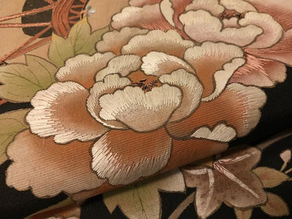 平和屋着物●アンティーク　大正ロマン　六通柄京袋帯　刺繍　花鼓文　黒地　正絹　逸品　CABJ7415vp