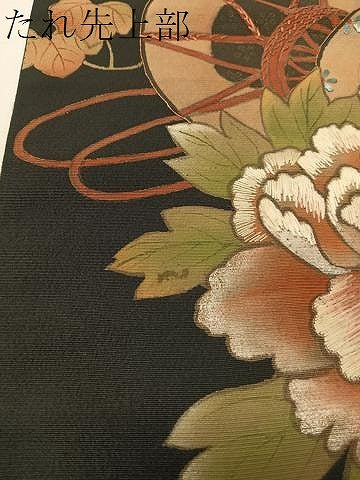 平和屋着物●アンティーク　大正ロマン　六通柄京袋帯　刺繍　花鼓文　黒地　正絹　逸品　CABJ7415vp