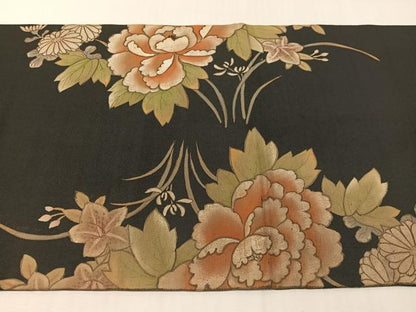 平和屋着物●アンティーク　大正ロマン　六通柄京袋帯　刺繍　花鼓文　黒地　正絹　逸品　CABJ7415vp
