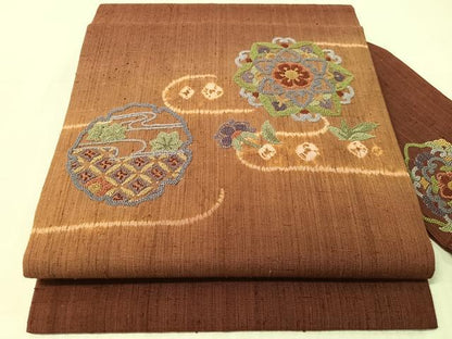平和屋着物●中国三大刺繍　総相良刺繍　九寸名古屋帯　紬地　絞り　雪輪花文　正絹　逸品　CABJ7417vp