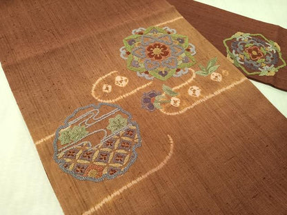 平和屋着物●中国三大刺繍　総相良刺繍　九寸名古屋帯　紬地　絞り　雪輪花文　正絹　逸品　CABJ7417vp