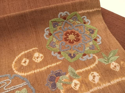 平和屋着物●中国三大刺繍　総相良刺繍　九寸名古屋帯　紬地　絞り　雪輪花文　正絹　逸品　CABJ7417vp