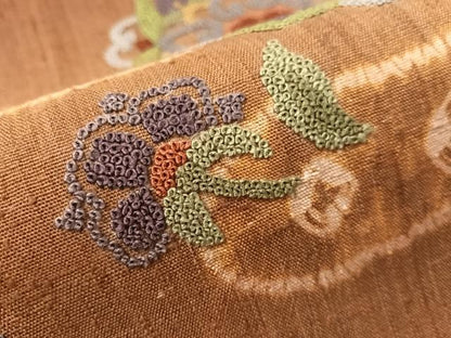 平和屋着物●中国三大刺繍　総相良刺繍　九寸名古屋帯　紬地　絞り　雪輪花文　正絹　逸品　CABJ7417vp