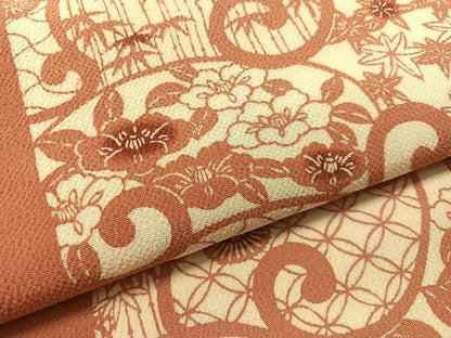 平和屋着物●全通柄　九寸名古屋帯　型染め　花唐草間道　鬼しぼ縮緬　正絹　逸品　CABJ7420vp