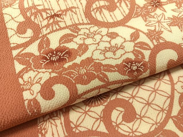平和屋着物●全通柄　九寸名古屋帯　型染め　花唐草間道　鬼しぼ縮緬　正絹　逸品　CABJ7420vp