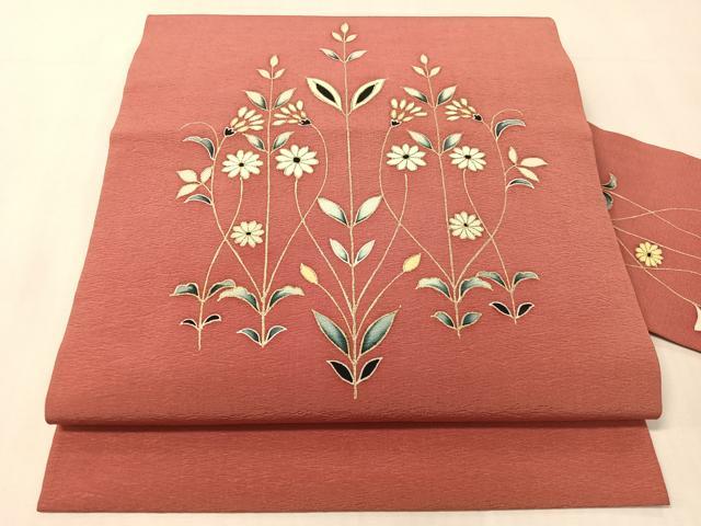 平和屋着物●九寸名古屋帯　草花文　金彩　正絹　逸品　CABJ7421vp