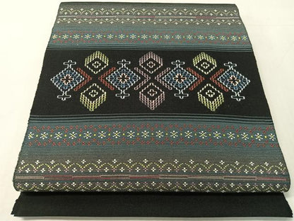 平和屋着物●八寸名古屋帯　花織　横段吉祥花文　黒地　正絹　逸品　CABJ7461vp