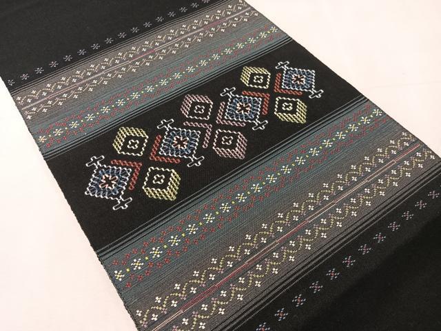 平和屋着物●八寸名古屋帯　花織　横段吉祥花文　黒地　正絹　逸品　CABJ7461vp