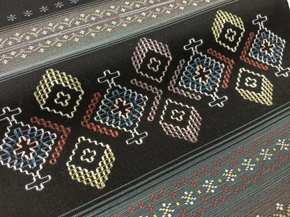 平和屋着物●八寸名古屋帯　花織　横段吉祥花文　黒地　正絹　逸品　CABJ7461vp