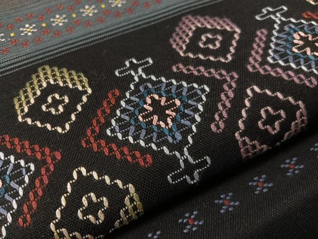 平和屋着物●八寸名古屋帯　花織　横段吉祥花文　黒地　正絹　逸品　CABJ7461vp
