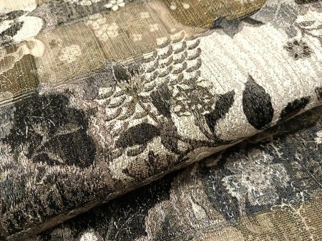 平和屋着物▽全通柄袋帯　スリーシーズン　春夏秋　草花間道　金糸　正絹　逸品　CABJ7462vp