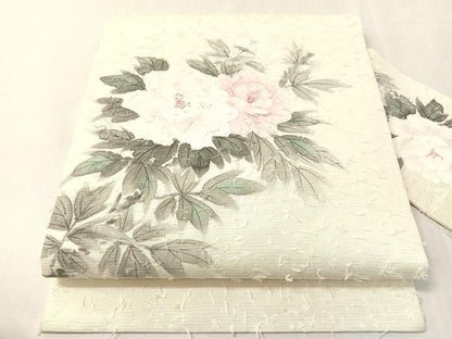 平和屋着物●九寸名古屋帯　作家物　手描き　ひげ紬　草花文　正絹　逸品　CABJ7464vp