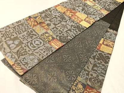 平和屋着物●六通柄袋帯　市松吉祥文　金糸　正絹　逸品　CABJ7469vp