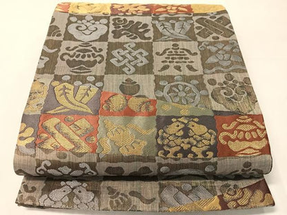 平和屋着物●六通柄袋帯　市松吉祥文　金糸　正絹　逸品　CABJ7469vp