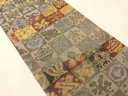 平和屋着物●六通柄袋帯　市松吉祥文　金糸　正絹　逸品　CABJ7469vp
