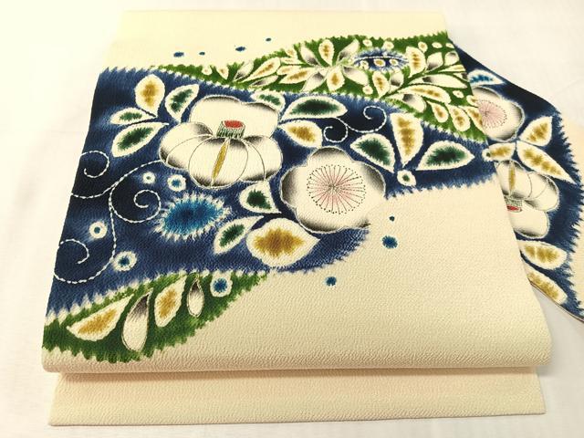 平和屋着物●九寸名古屋帯　手描き　絞り　辻が花　鬼しぼ縮緬　正絹　逸品　CABJ7473vp