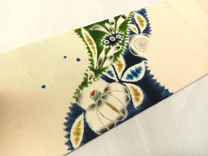 平和屋着物●九寸名古屋帯　手描き　絞り　辻が花　鬼しぼ縮緬　正絹　逸品　CABJ7473vp