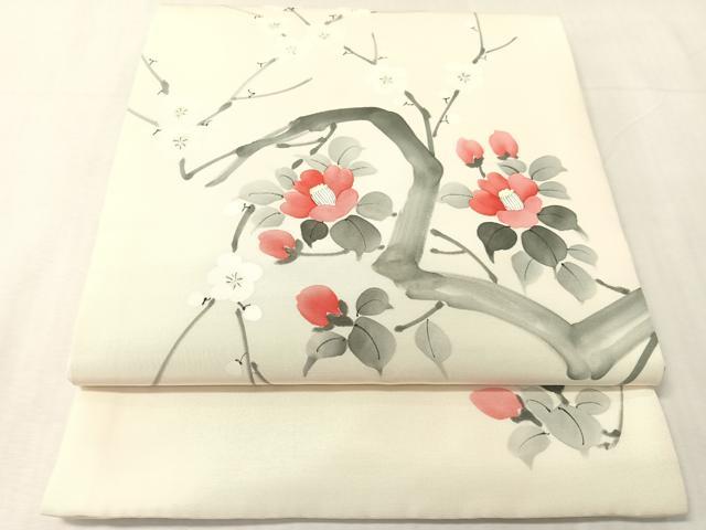 平和屋着物●塩瀬　九寸開き名古屋帯　手描き枝花文　正絹　逸品　CABJ7477vp