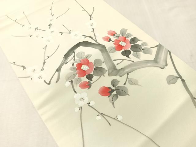 平和屋着物●塩瀬　九寸開き名古屋帯　手描き枝花文　正絹　逸品　CABJ7477vp