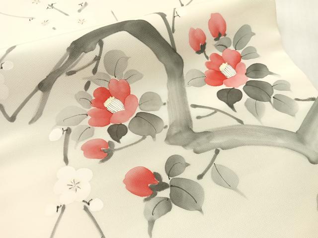 平和屋着物●塩瀬　九寸開き名古屋帯　手描き枝花文　正絹　逸品　CABJ7477vp