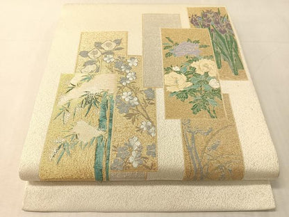 平和屋着物●九寸開き名古屋帯　寿光織　琳派色紙絵図　金糸　銀通し地　正絹　逸品　CABJ7478vp