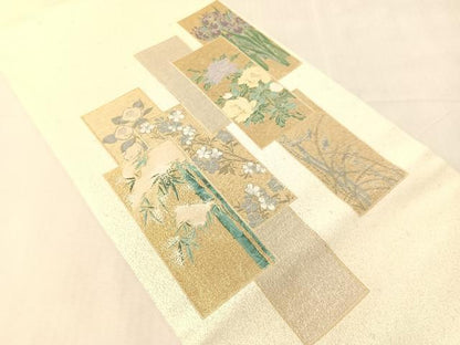 平和屋着物●九寸開き名古屋帯　寿光織　琳派色紙絵図　金糸　銀通し地　正絹　逸品　CABJ7478vp