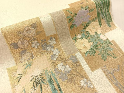 平和屋着物●九寸開き名古屋帯　寿光織　琳派色紙絵図　金糸　銀通し地　正絹　逸品　CABJ7478vp