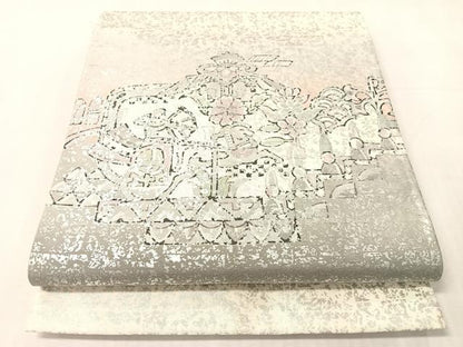平和屋着物●石川県指定無形文化財 牛首紬 白山工房 手織り 角印 全通柄袋帯 幾何学花文 銀彩 証紙付き 正絹 逸品 CABJ7479vp