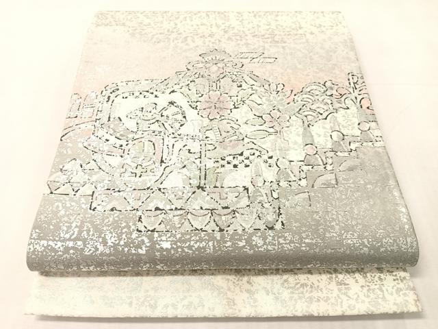 平和屋着物●石川県指定無形文化財 牛首紬 白山工房 手織り 角印 全通柄袋帯 幾何学花文 銀彩 証紙付き 正絹 逸品 CABJ7479vp