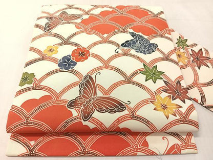 平和屋着物●塩瀬　全通柄　九寸名古屋帯　型染め　青海波花蝶文　正絹　逸品　CABJ7486vp