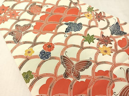平和屋着物●塩瀬　全通柄　九寸名古屋帯　型染め　青海波花蝶文　正絹　逸品　CABJ7486vp