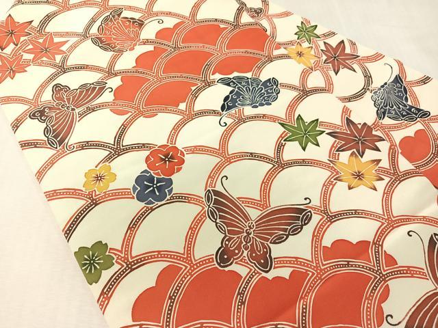 平和屋着物●塩瀬　全通柄　九寸名古屋帯　型染め　青海波花蝶文　正絹　逸品　CABJ7486vp