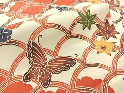 平和屋着物●塩瀬　全通柄　九寸名古屋帯　型染め　青海波花蝶文　正絹　逸品　CABJ7486vp