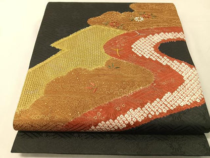 平和屋着物●中国三大刺繍　スワトウ刺繍　太鼓柄袋帯　絞り　雲取り花鳥文　黒地　金彩　正絹　逸品　CABJ7511vp