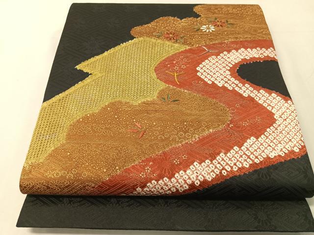 平和屋着物●中国三大刺繍　スワトウ刺繍　太鼓柄袋帯　絞り　雲取り花鳥文　黒地　金彩　正絹　逸品　CABJ7511vp