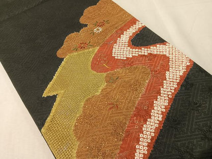 平和屋着物●中国三大刺繍　スワトウ刺繍　太鼓柄袋帯　絞り　雲取り花鳥文　黒地　金彩　正絹　逸品　CABJ7511vp