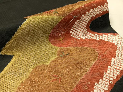 平和屋着物●中国三大刺繍　スワトウ刺繍　太鼓柄袋帯　絞り　雲取り花鳥文　黒地　金彩　正絹　逸品　CABJ7511vp