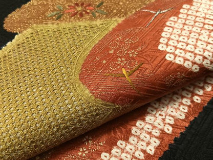 平和屋着物●中国三大刺繍　スワトウ刺繍　太鼓柄袋帯　絞り　雲取り花鳥文　黒地　金彩　正絹　逸品　CABJ7511vp