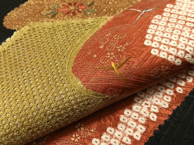 平和屋着物●中国三大刺繍　スワトウ刺繍　太鼓柄袋帯　絞り　雲取り花鳥文　黒地　金彩　正絹　逸品　CABJ7511vp