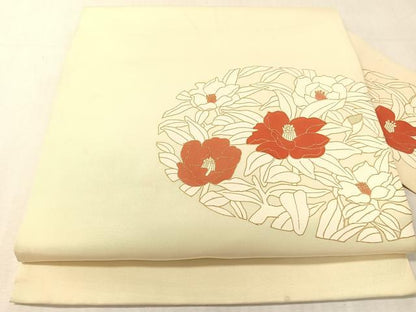平和屋着物●塩瀬　九寸名古屋帯　草花丸文　金彩　正絹　逸品　CABJ7519vp