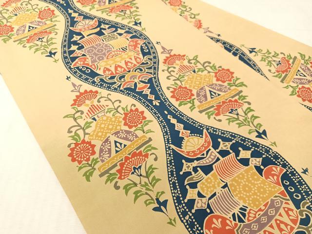 平和屋着物●塩瀬　全通柄　九寸名古屋帯　型染め　立涌船花文　正絹　逸品　CABJ7524vp