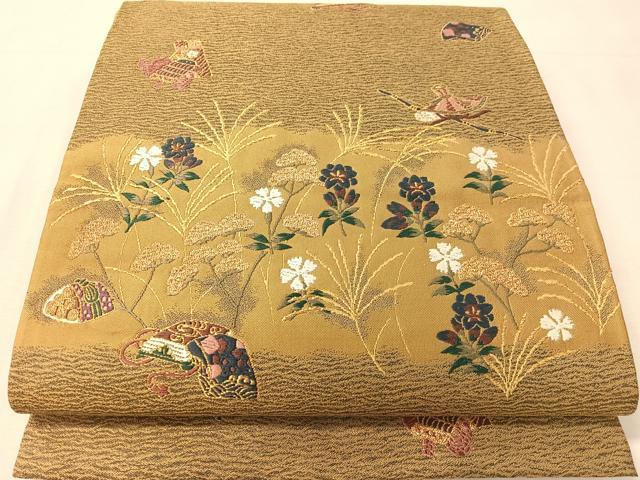 平和屋着物●六通柄袋帯 唐織 紹巴 文箱花文 金糸 正絹 逸品 CABJ7525vp